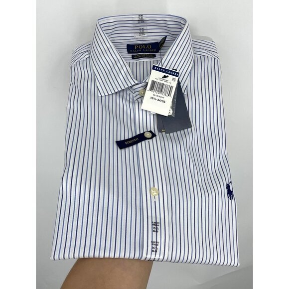NWT Polo Ralph Lauren Slim Fit Easy Care Striped Cotton Button Up Blue White 16. - Picture 2 of 3
